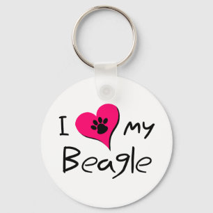 I Love My Beagle Cute Paw Print on Heart Key Ring