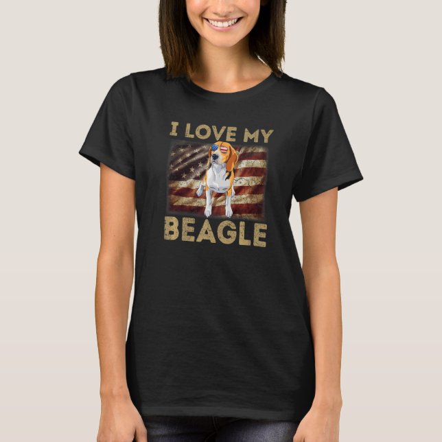 I Love My Beagle Dad Mum American Flag Weiner Dog T-Shirt (Front)