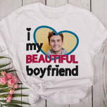 I love my beautiful boyfriend custom photo T-Shirt<br><div class="desc">This lovely t-shirt is the ideal gift for any girlfriend or boyfriend in love on occasions such as Valentine's day or anniversaries. The caption reads "I love (heart) my BEAUTIFUL boyfriend" in black and dark pink modern fonts. Easily personalizable by adding a custom photo in a big heart-shaped blue frame....</div>