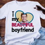 I love my beautiful boyfriend custom photo T-Shirt<br><div class="desc">This cute t-shirt is the ideal gift for any boyfriend in love. The caption reads "I love (heart) my BEAUTIFUL boyfriend" in black and dark pink modern fonts. Easily personalizable by adding a custom photo in a big heart-shaped blue frame.</div>