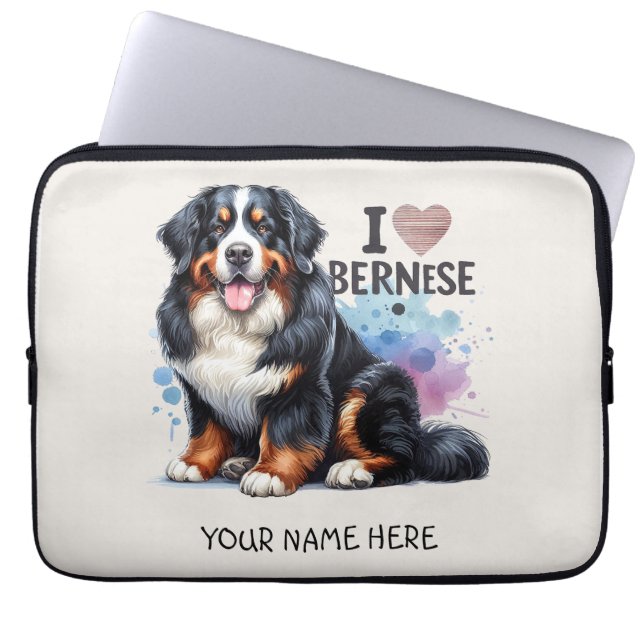 I Love My Bernese Mountain Dog Personalised Name Laptop Sleeve (Front)