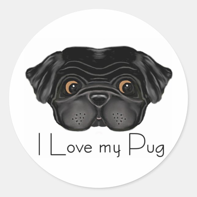 I Love My Black Pug Cute Black Pug and Love Quote Classic Round Sticker (Front)
