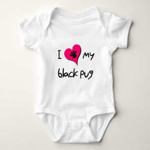 I Love My Black Pug Paw Print on Pink Heart Baby Bodysuit