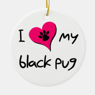 I Love My Black Pug Paw Print on Pink Heart Ceramic Tree Decoration