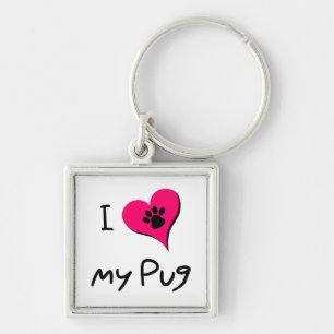 I Love My Black Pug Paw Print on Pink Heart Key Ring