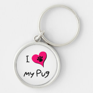 I Love My Black Pug Paw Print on Pink Heart Key Ring