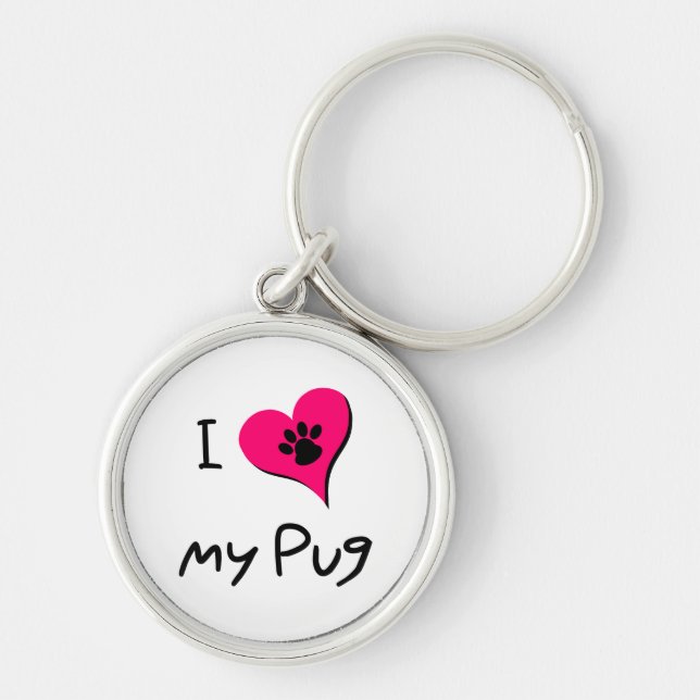 I Love My Black Pug Paw Print on Pink Heart Key Ring (Front)