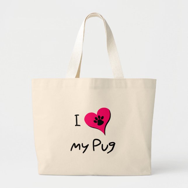 I Love My Black Pug Paw Print on Pink Heart Large Tote Bag (Front)