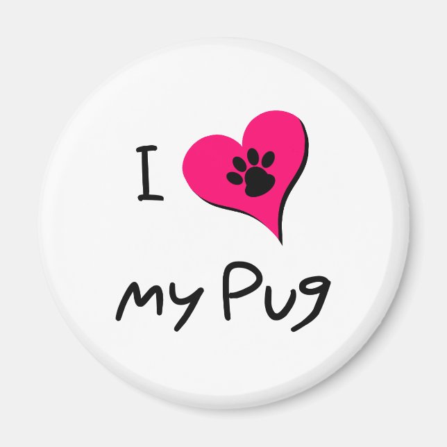 I Love My Black Pug Paw Print on Pink Heart Magnet (Front)