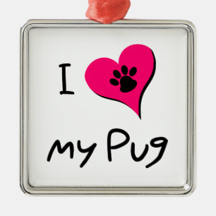 I Love My Black Pug Paw Print on Pink Heart Metal Tree Decoration