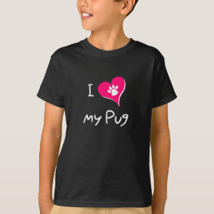 I Love My Black Pug Paw Print on Pink Heart T-Shirt