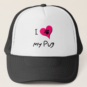 I Love My Black Pug Paw Print on Pink Heart Trucker Hat