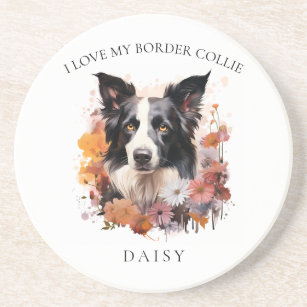 I Love My Border Collie Floral Dog Portrait Coaster