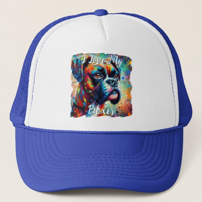 I Love My Boxer Pop Art Dog Personalised Trucker Hat (Front)