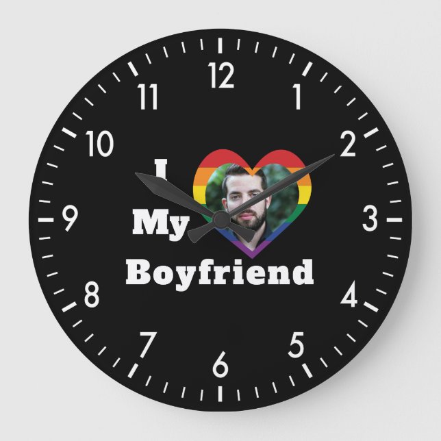 I Love My Boyfriend Gay Pride LGBTQ Custom Photo Large Clock (Front)
