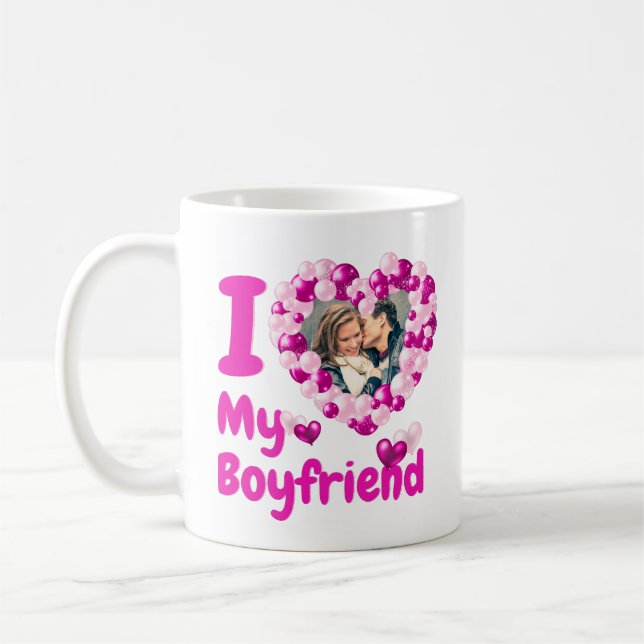 I Love My Boyfriend Hot Pink Custom Photo Coffee Mug (Left)