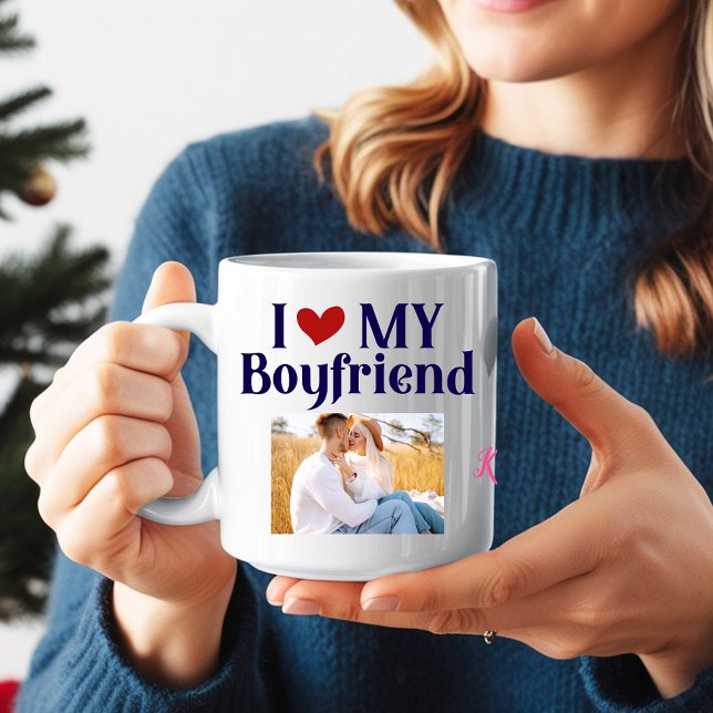 I Love My Boyfriend Monogram Initial Photo Name Coffee Mug (Creator Uploaded)