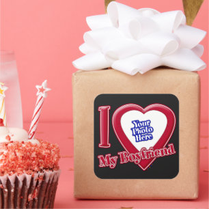 I Love My Boyfriend Photo Red Heart Black Square Sticker