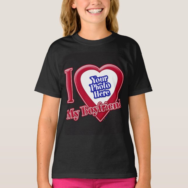 I Love My Boyfriend Photo Red Heart Black T-Shirt (Front)