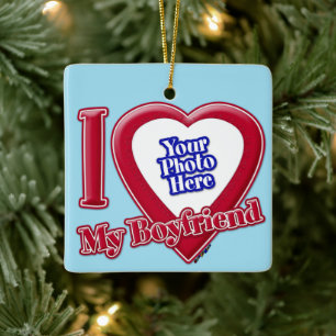 I Love My Boyfriend Photo Red Heart Blue Horizon Ceramic Ornament