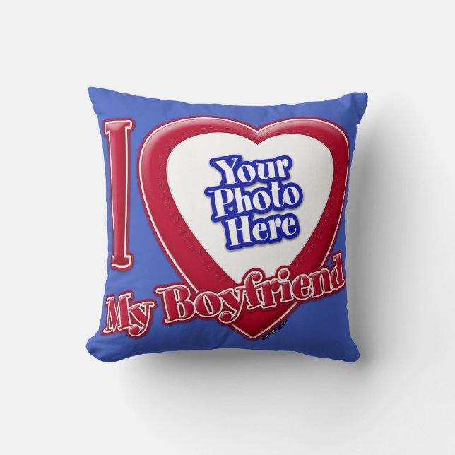 I Love My Boyfriend Photo Red Heart D R Blue Cushion (Front)