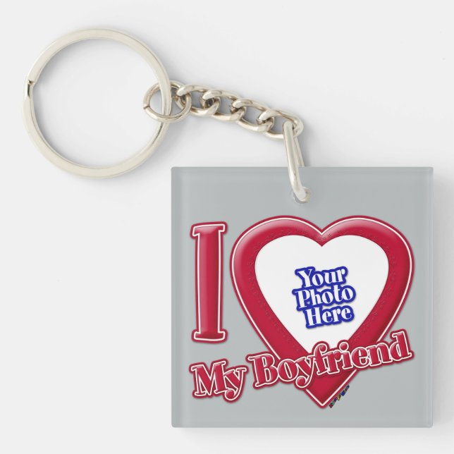 I Love My Boyfriend Photo Red Heart Grey Key Ring (Front)