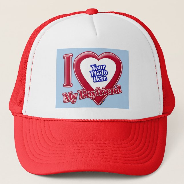 I Love My Boyfriend Photo Red Heart Light Blue Trucker Hat (Front)