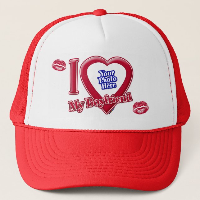 I Love My Boyfriend Photo Red Heart Lips Trucker Hat (Front)