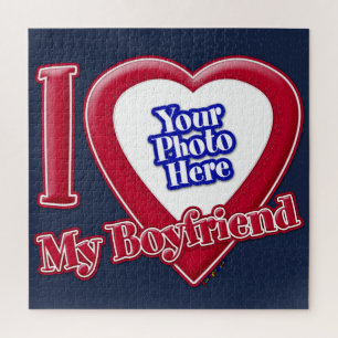 I Love My Boyfriend Photo Red Heart Navy Blue Jigsaw Puzzle