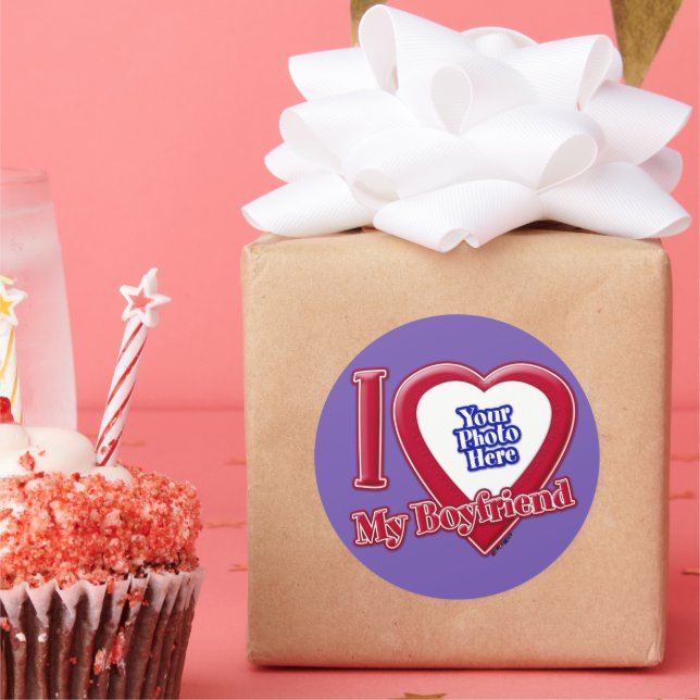 I Love My Boyfriend Photo Red Heart Purple Classic Round Sticker (Party)