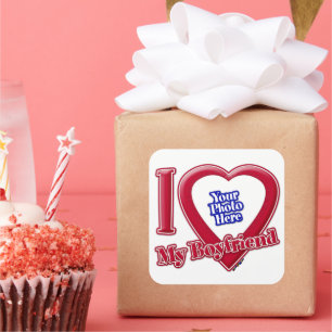 I Love My Boyfriend Photo Red Heart Square Sticker