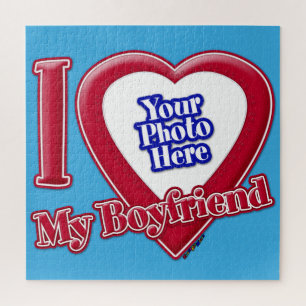 I Love My Boyfriend Photo Red Heart Teal Jigsaw Puzzle