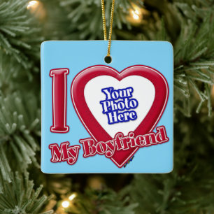 I Love My Boyfriend Photo Red Heart Turquoise Ceramic Ornament