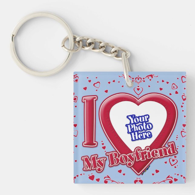 I Love My Boyfriend Photo Red Hearts Baby Blue Key Ring (Front)