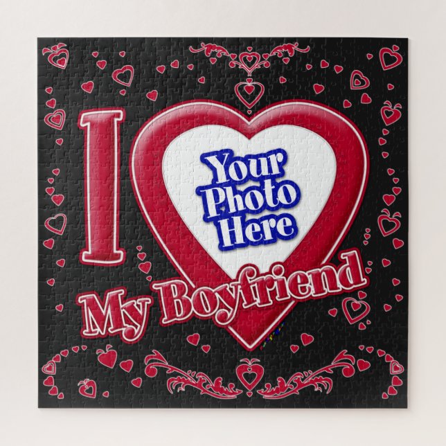 I Love My Boyfriend Photo Red Hearts Black Jigsaw Puzzle (Vertical)