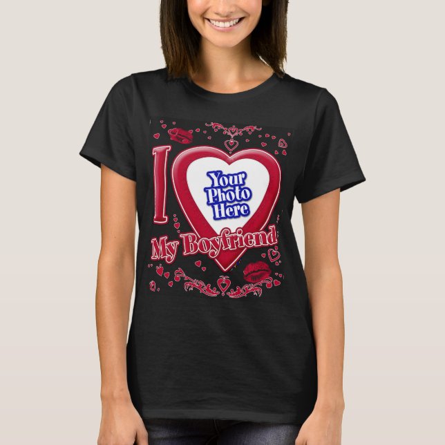 I Love My Boyfriend Photo Red Hearts Black T-Shirt (Front)