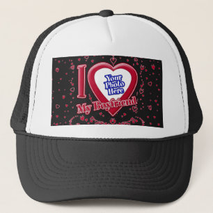 I Love My Boyfriend Photo Red Hearts Black Trucker Hat