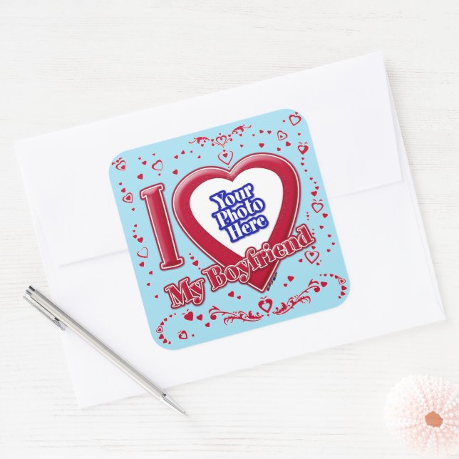 I Love My Boyfriend Photo Red Hearts Blue Horizon Square Sticker (Envelope)