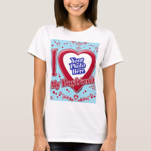 I Love My Boyfriend Photo Red Hearts Blue Horizon T-Shirt