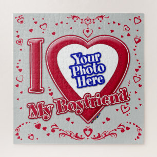 I Love My Boyfriend Photo Red Hearts Grey Jigsaw Puzzle