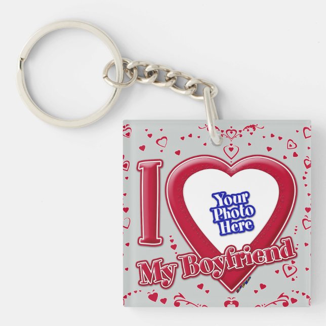 I Love My Boyfriend Photo Red Hearts Grey Key Ring (Front)