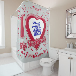 I Love My Boyfriend Photo Red Hearts Grey Shower Curtain