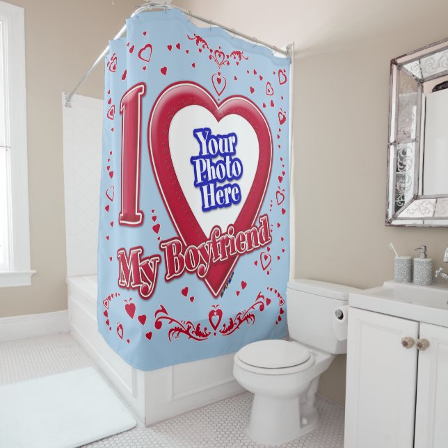 I Love My Boyfriend Photo Red Hearts Light Blue Shower Curtain (In Situ)