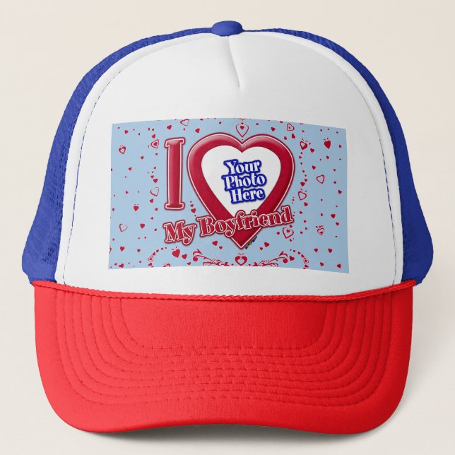 I Love My Boyfriend Photo Red Hearts Light Blue Trucker Hat (Front)