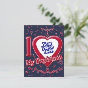 I Love My Boyfriend Photo Red Hearts Navy Holiday Card