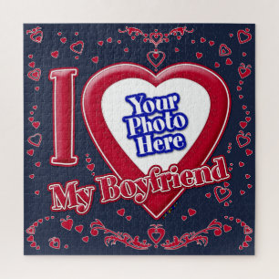 I Love My Boyfriend Photo Red Hearts Navy Jigsaw Puzzle