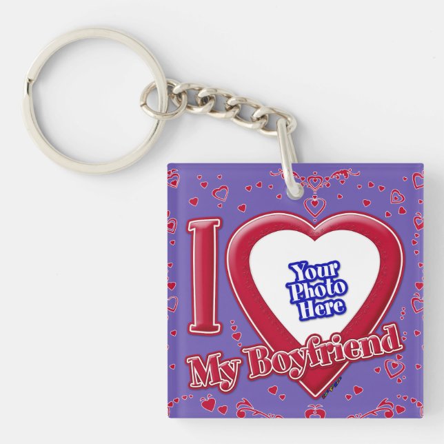 I Love My Boyfriend Photo Red Hearts Purple Key Ring (Front)