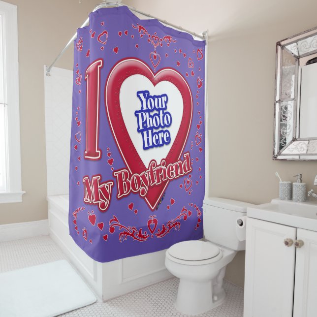 I Love My Boyfriend Photo Red Hearts Purple Shower Curtain (In Situ)
