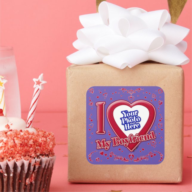 I Love My Boyfriend Photo Red Hearts Purple Square Sticker (Party)