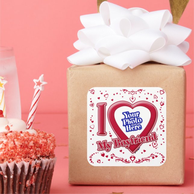I Love My Boyfriend Photo Red Hearts Square Sticker (Party)